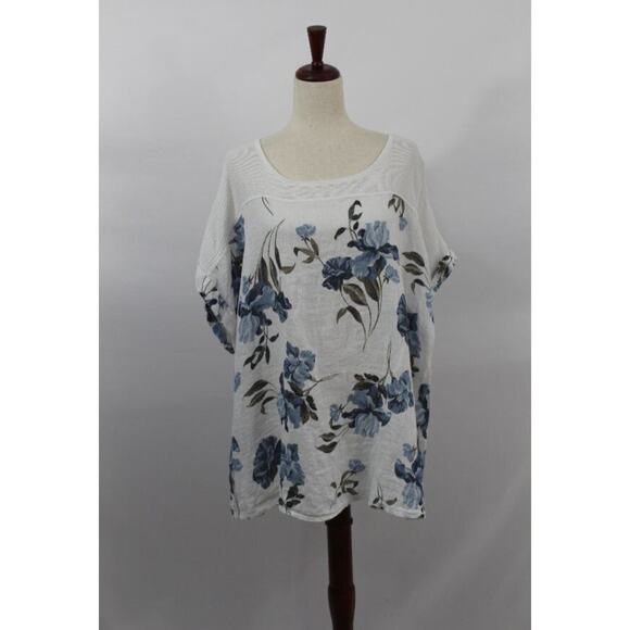 LUNGO L'ARNO Sz 3x Blue White Floral Linen Top Blouse NWT Made in Italy - Picture 7 of 9